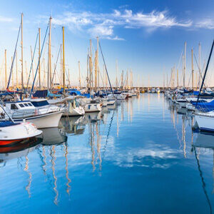 Marina with yachts in Puerto de Mogan, a small fishing port on Gran Canaria, Spain.